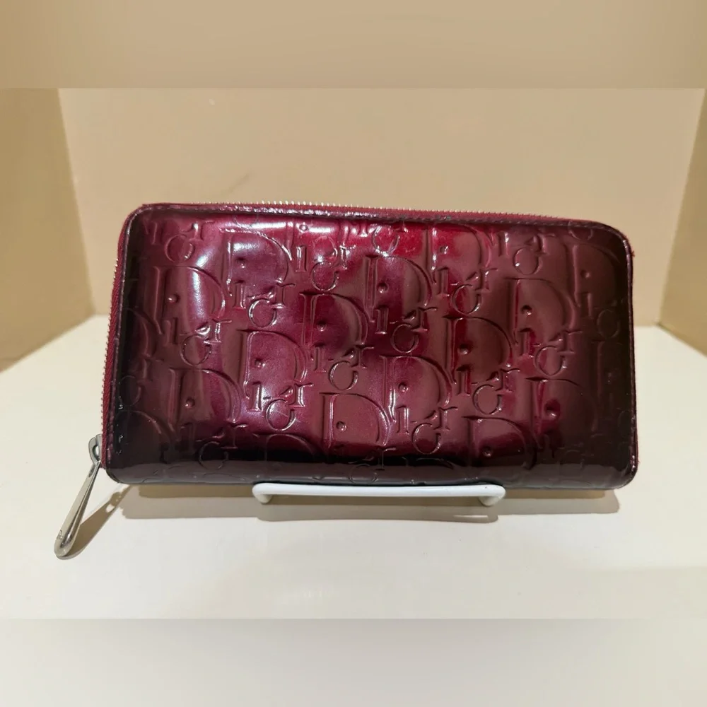 Dior Burgundy Embossed Long Zip Wallet